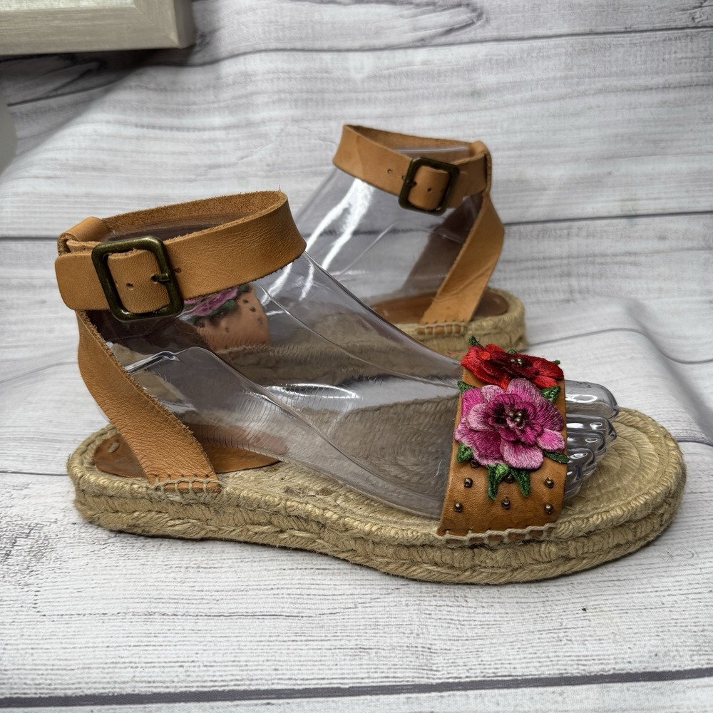 Soludos x Anthropologie Bahia‎ Brown Leather Floral Espadrille Sandals Size 6.5